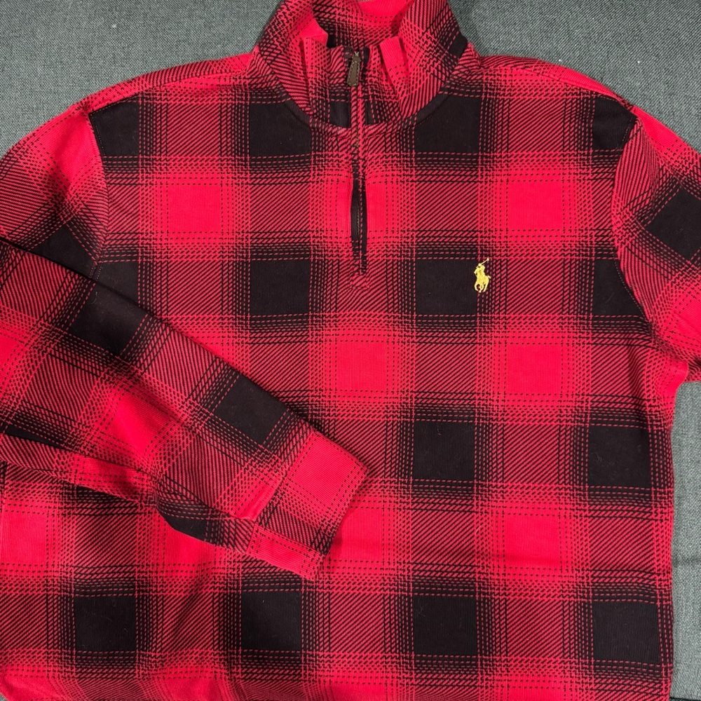 Polo by Ralph Lauren Medium Men’s Red and Black Checkered Zip-Up Sweater